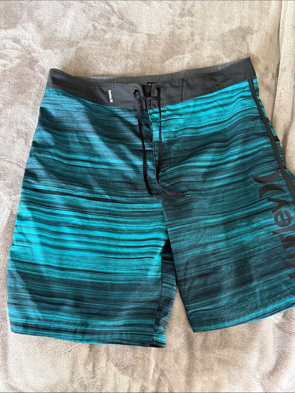 Hurley Men’s Teal and Black Striped Board Shorts